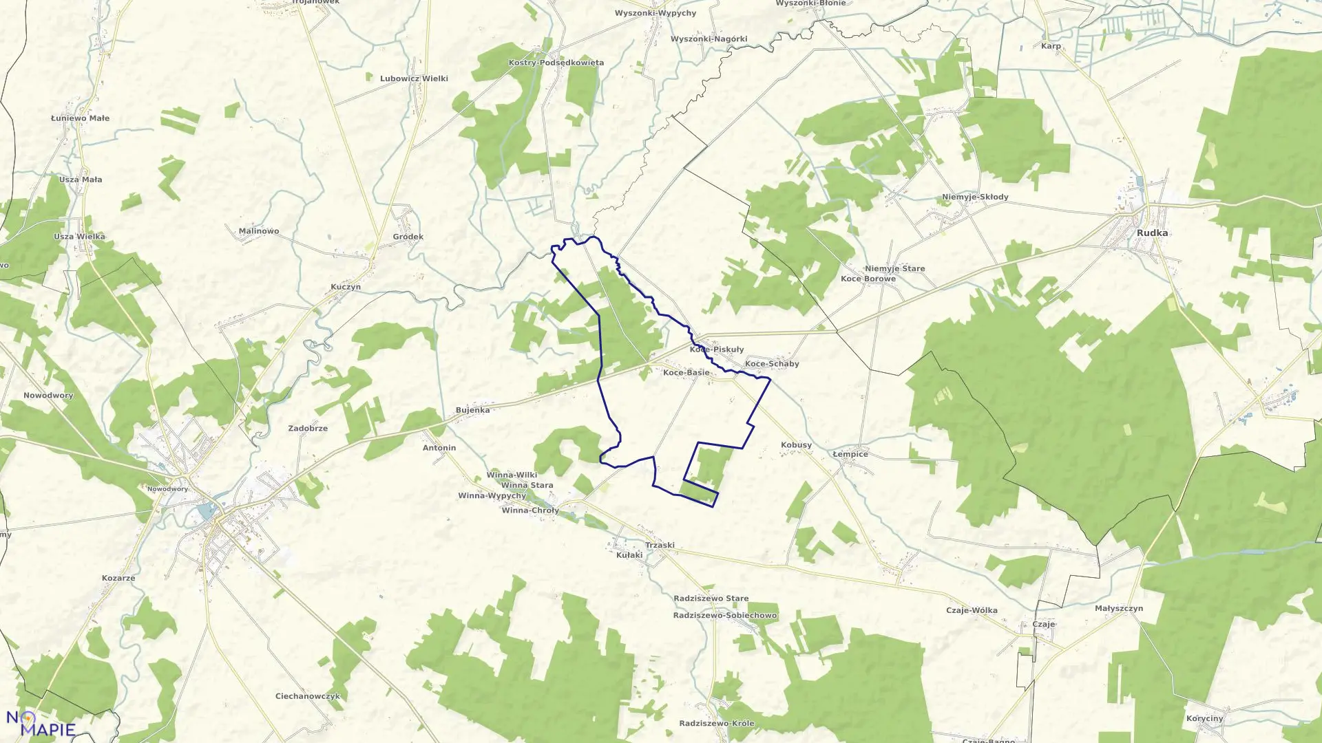 Mapa obrębu KOCE-BASIE w gminie Ciechanowiec