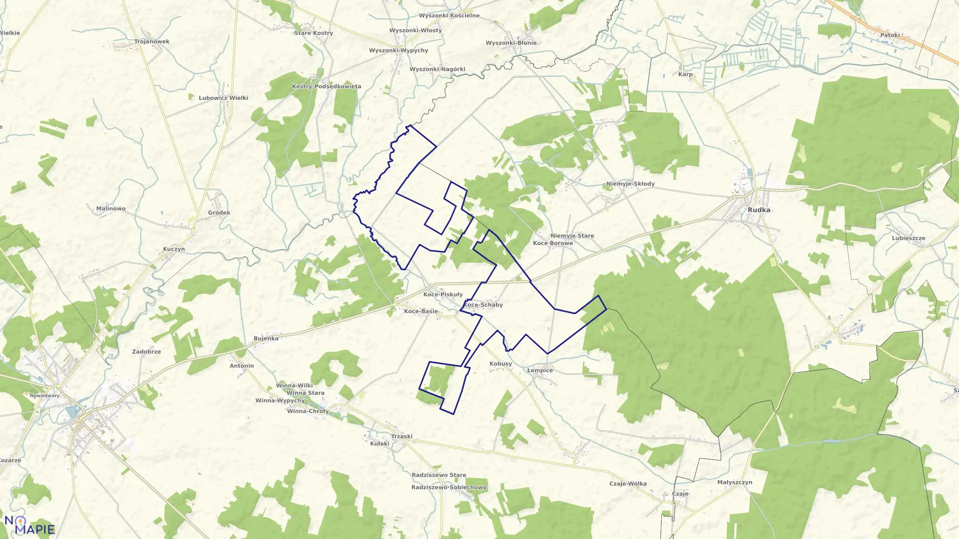 Mapa obrębu KOCE-SCHABY w gminie Ciechanowiec