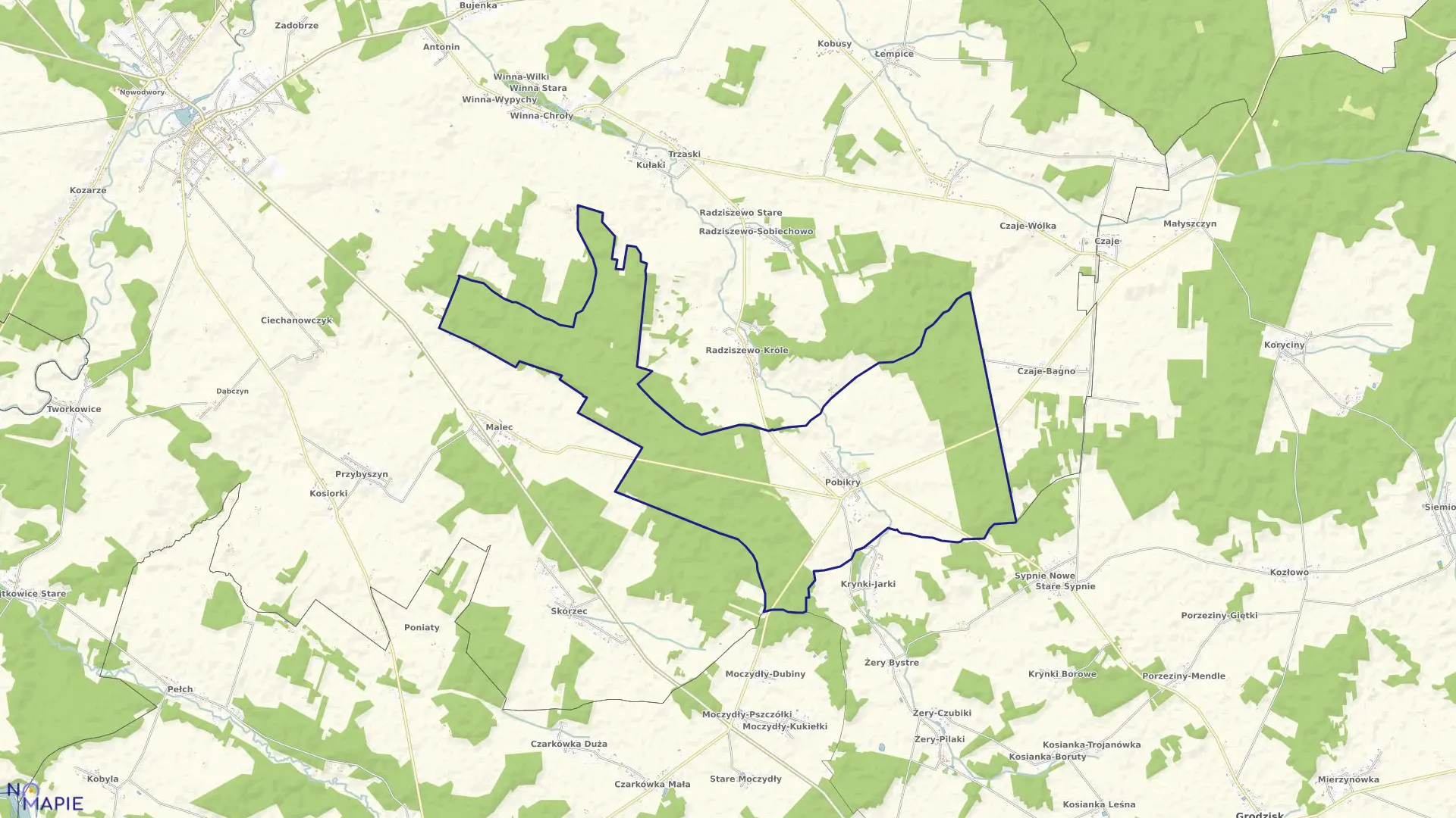 Mapa obrębu POBIKRY w gminie Ciechanowiec